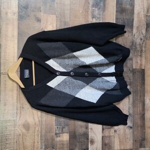 Geiger Men 100% Wool Black Gray Diamond Pattern Cardigan Sz XXL Men